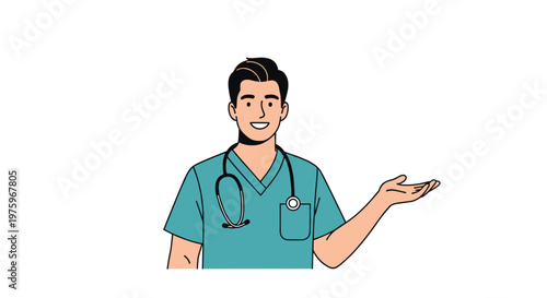 Male medical professional wearing a stethoscope and scrubs smiles while gesturing with an open hand to offer assistance.