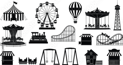 Amusement park icons, ferris wheel, roller coaster, circus tent, carousel rides, observation tower, hot air balloon, train engine, fairground silhouettes