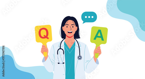 Female medical professional in a white coat smiling and holding paddles for a Q and A session with a speech bubble.