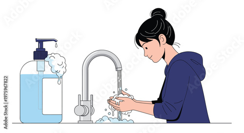 Woman with her hair in a bun washes her hands under a running tap next to a large container of blue liquid soap.
