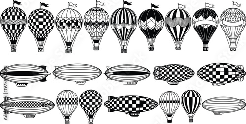Airship icons, hot air balloons, dirigibles, blimps, aerial craft silhouettes, patterned balloons, aviation symbols, sky travel, flight design, graphic art