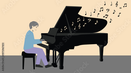 Man playing a grand piano with music notes floating around him.