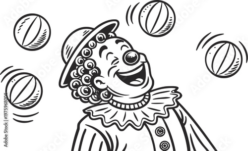 Clown juggling balls vintage engraving circus illustration. A highly detailed black and white vintage vector illustration of a cheerful circus clown juggling multiple balls in the air.