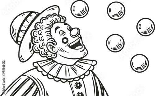 Clown juggling balls vintage engraving circus illustration. A highly detailed black and white vintage vector illustration of a cheerful circus clown juggling multiple balls in the air.
