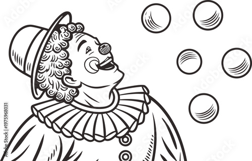 Clown juggling balls vintage engraving circus illustration. A highly detailed black and white vintage vector illustration of a cheerful circus clown juggling multiple balls in the air.
