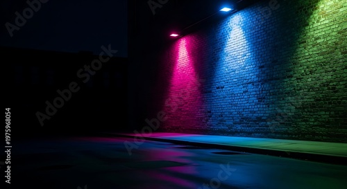 Empty urban scene with neon light rays glowing on brick wall. Wet asphalt reflecting vibrant colors, dark night atmosphere, cinematic city backdrop with dramatic mood.