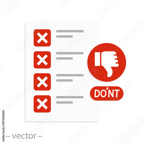 list of what not to do, don't icon, checklist with prohibitions, flat icon on white background editable vector illustration eps10