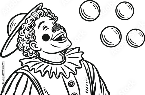 Clown juggling balls vintage engraving circus illustration. A highly detailed black and white vintage vector illustration of a cheerful circus clown juggling multiple balls in the air.