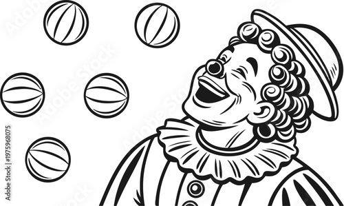 Clown juggling balls vintage engraving circus illustration. A highly detailed black and white vintage vector illustration of a cheerful circus clown juggling multiple balls in the air.