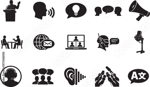 Speaking and communication thin line icons set speech bubble voice conference editable stroke vector.