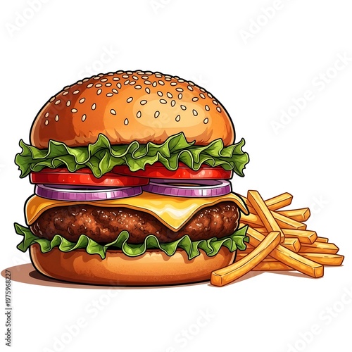 cheeseburger and fries on white background