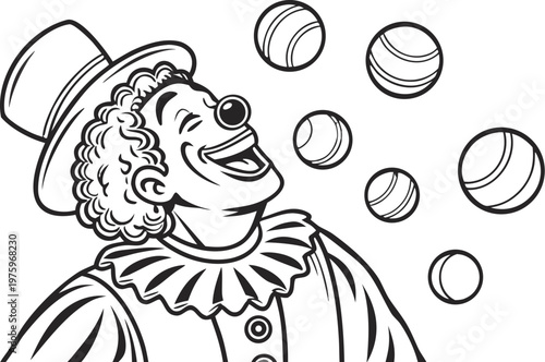 Clown juggling balls vintage engraving circus illustration. A highly detailed black and white vintage vector illustration of a cheerful circus clown juggling multiple balls in the air.