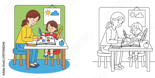 Teacher and child drawing together in classroom colored and line art version, mother helping kid with homework, preschool education activity and coloring page for children illustration