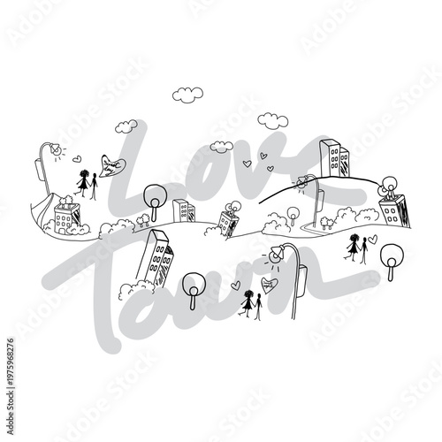 Cute "Love Town" typography surrounded by hand-drawn city doodles, buildings, trees, and romantic couples. Perfect for Valentine's Day designs, apparel prints, and wedding stationery.