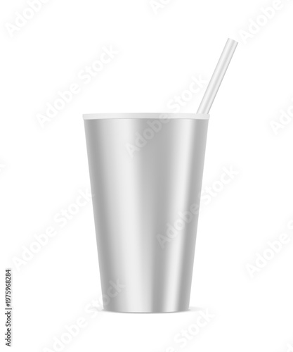 Metal plastic paper cup with straw mockup