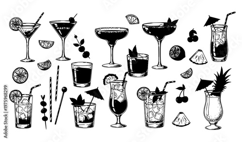 Hand-drawn retro cocktail drink and garnish vector illustration set