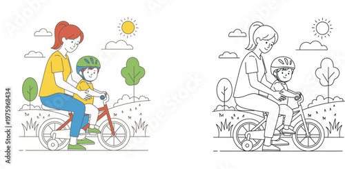 Mother teaching son how to ride a bicycle in the park colored and line art version, family outdoor activity and coloring page for kids, cycling safety with helmet illustration