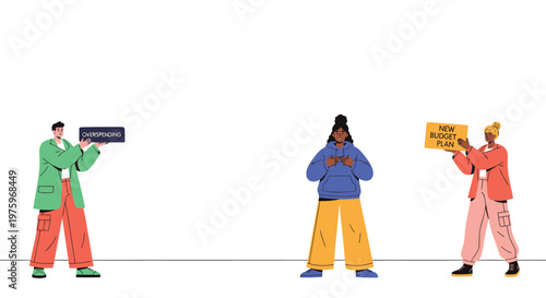 Protest, activist people holding signs, colorful illustration, social movement, demonstration