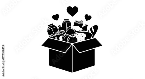 Iconic illustration of a generous food donation box filled with essential groceries, symbolizing care and community support