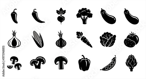 Collection of fresh and healthy vegetables illustrated in a clean black and white icon set