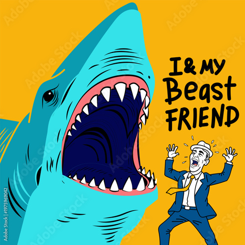 A humorous illustration of a giant blue shark about to eat a frantic man in a suit and fedora hat
