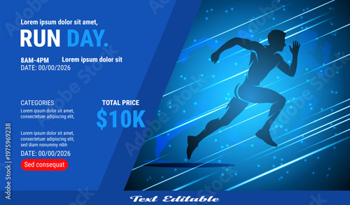 A vibrant blue promotional poster design for a professional running event featuring an athlete