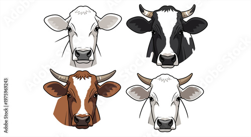 A diverse collection of illustrated cow heads, depicting various breeds and common livestock types