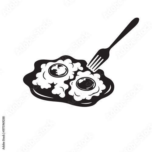 Fried Eggs with Fork in White Background Minimalist Graphic