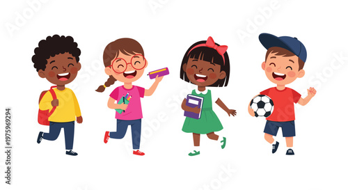 "Happy Kids Playing and Laughing Together with School Supplies, Soccer Ball, and Smiling Faces for Childhood, Friendship, and Fun Graphics"