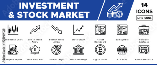 Investment & Stock Market Line Icons, 14 vector financial symbols, business growth and analytics graphics, modern outline style for digital projects