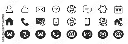 Modern set of contact and communication icons, including phone, email, and social media symbols.