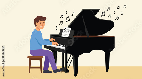 Man playing a grand piano with musical notes floating around him.