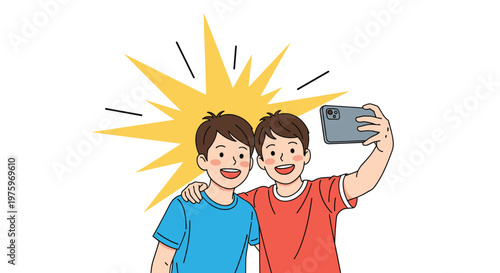 Two happy young male friends smiling and posing together for a selfie with a smartphone against a bright yellow flash background.