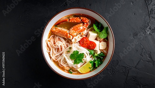 Delicious Vietnamese Pho Soup with Crab and Noodles.