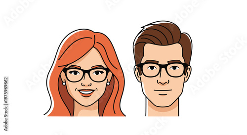 Portrait of a professional man and woman both wearing glasses and smiling confidently while looking forward at the camera.