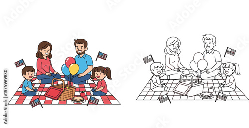 Family Picnic with American Flags for 4th of July Independence Day Celebration, Cartoon Vector Illustration and Coloring Page for Kids.