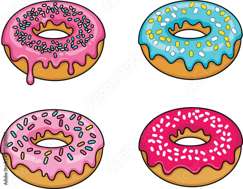 Colorful Donut Icon Set with Glazed Frosting and Sprinkles for Bakery Dessert Sweet Food Design and Cartoon Illustration Collection