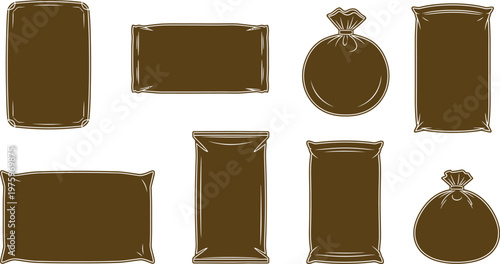 Top view of cement bags in rectangular and rounded pouch styles, black vector silhouettes, minimalist architectural design, for construction references