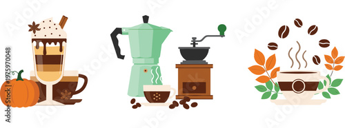 Coffee Drink and Brewing Collection with Latte, Moka Pot, Grinder, Beans, and Autumn Pumpkin Elements for Cafe and Beverage Design Projects