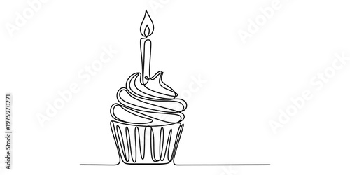 A single continuous line drawing of a delicious cupcake topped with a lit birthday celebration candle Vector, illustration