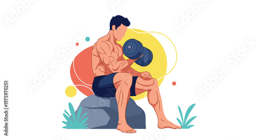 Powerful muscular man sitting on a rock and performing a bicep curl with a heavy dumbbell against a colorful abstract backdrop.