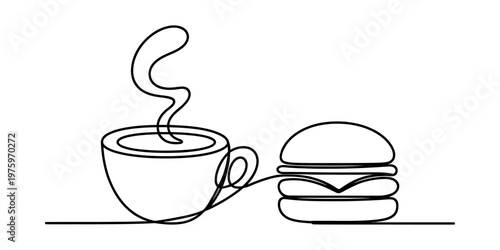Minimalist continuous line drawing of a steaming cup of coffee next to a delicious classic burger Vector, illustration