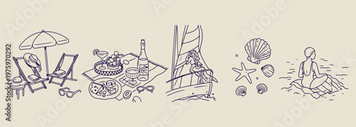 Sailing and coastal lifestyle hand drawn scene, vintage yacht and ocean wave sketches, maritime vacation landscape doodles, nautical adventure travel illustrations, hand drawn seaside harbor graphics,