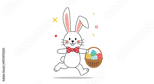 Cute Easter bunny in a red bowtie running happily while carrying a wicker basket full of decorated eggs on a white background.