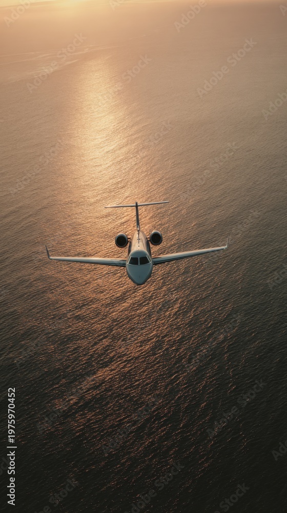 Fototapeta premium Small private jet viewed from above flying over calm ocean reflecting warm sunset light with long shadows textured water surface cinematic aerial perspective and minimal composition