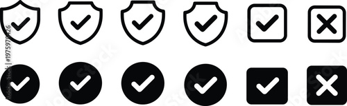 Collection of security and confirmation icons with checkmarks and crosses shield tick
