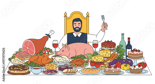 Happy man sitting at a long dinner table overflowing with a massive feast including roasted pig, turkey, cakes, and wine.