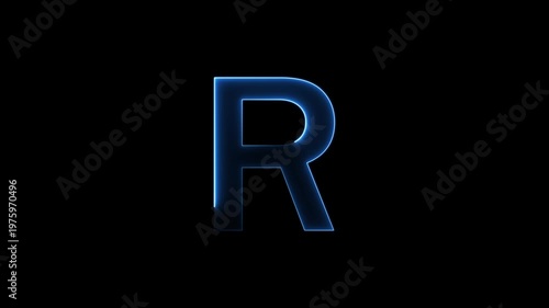 Glowing neon letter 'R' symbol, a shiny light font illustration on a black background English alphabet education type word writing letter text effect smooth footage sign symbol with black background