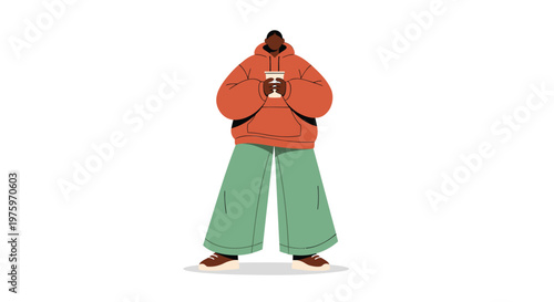 Vector illustration of a person holding a coffee cup, casual outfit, orange sweater, green pants