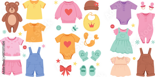 Cute Baby Clothes Collection with Bodysuits, Dresses, Overalls, Teddy Bear, and Infant Essentials for Nursery and Newborn Design Projects